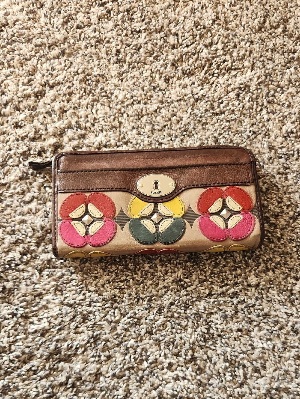 Fossil Leather Beige Wallet with Pink, Red, Yellow and Green Floral Appliqués